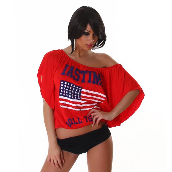 Iastimo Lollygag Ladies Off Shoulder Top with Flag - Red - Click Image to Close