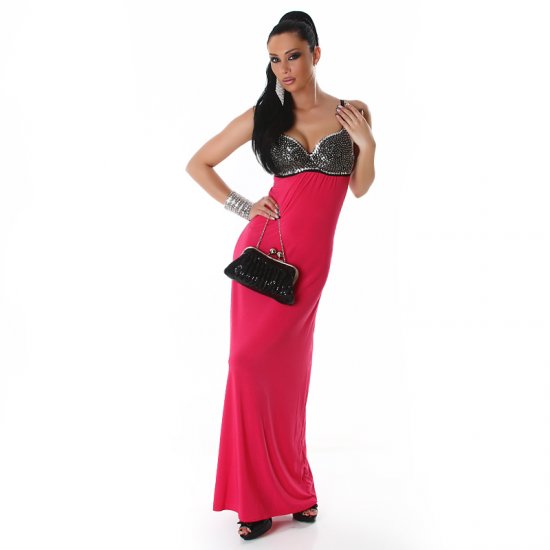 Long Cocktail Evening Dress with Sequined Bust - Fuschia - M/L - Click Image to Close