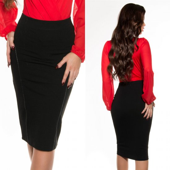 Pencil Skirt with Piping Accent - Black - Size S - Click Image to Close