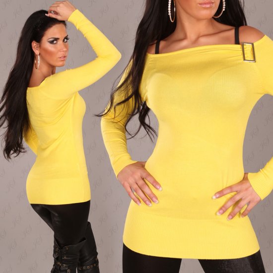 Fine Knit Long Sweater Off Shoulder Cut & Buckle - Yellow - Click Image to Close