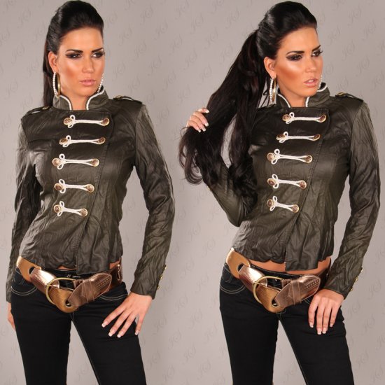 Ladies Military Style Leather Look Jacket - Khaki - Size L - Click Image to Close