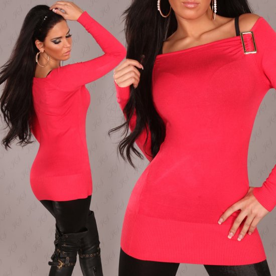 Fine Knit Long Sweater Off Shoulder Cut & Buckle - Raspberry - Click Image to Close