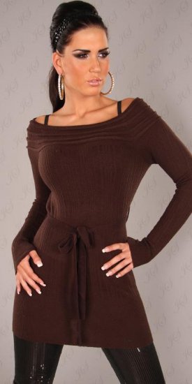 Off Shoulder Mini Dress/Long Jumper with Belt - Brown L/XL - Click Image to Close