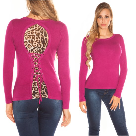 Knit Jumper with Leopard Print Feature at Back - Fuchsia - Size S/M - Click Image to Close
