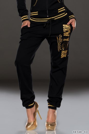 New York Cotton Sweat Pants with Gold Writing - Black - Size XS - Click Image to Close