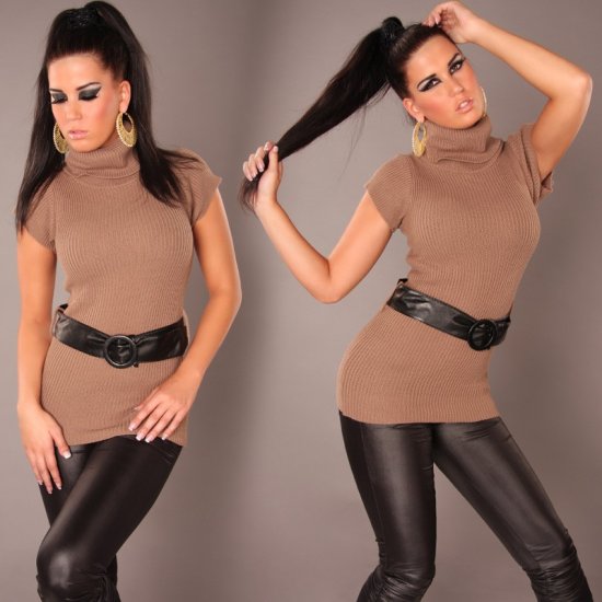 BOOGY London Long TurtleNeck Sweater with Belt - Cappuccino- S/M - Click Image to Close