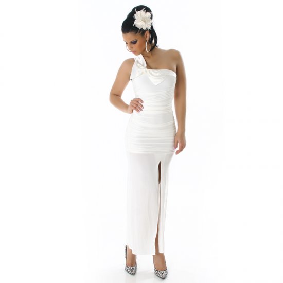 One Shoulder Long Cocktail Dress with Slit - White - Size S - Click Image to Close