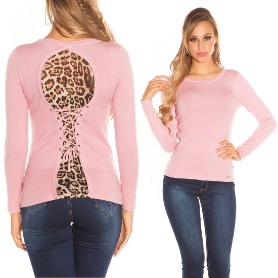 Knit Jumper with Leopard Print Feature at Back - Pink - Size S/M - Click Image to Close