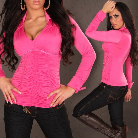 Silky Ladies Shirt with V-Neck & Ruching - Fuschia - Size S - Click Image to Close