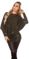 Batwing Loose Sleeve Jumper with Glitter & Lace-Up - Black - Size S/M