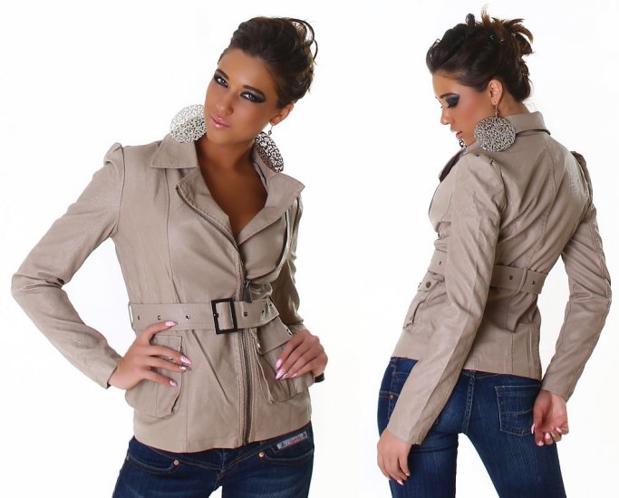 Leather-Look Jacket with Zip-Up Front - Beige - Size S - Click Image to Close