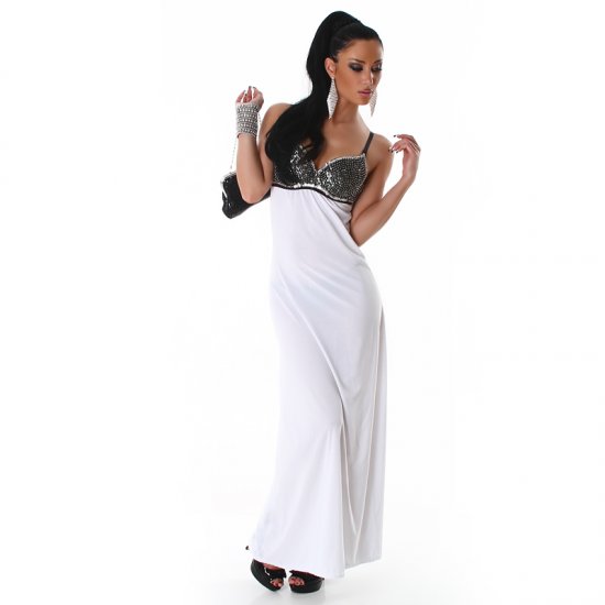 Long Cocktail Evening Dress with Sequined Bust - White - S/M - Click Image to Close