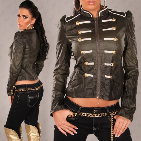 Ladies Military Style Leather Look Zip-Up Jacket -Khaki Size XL - Click Image to Close